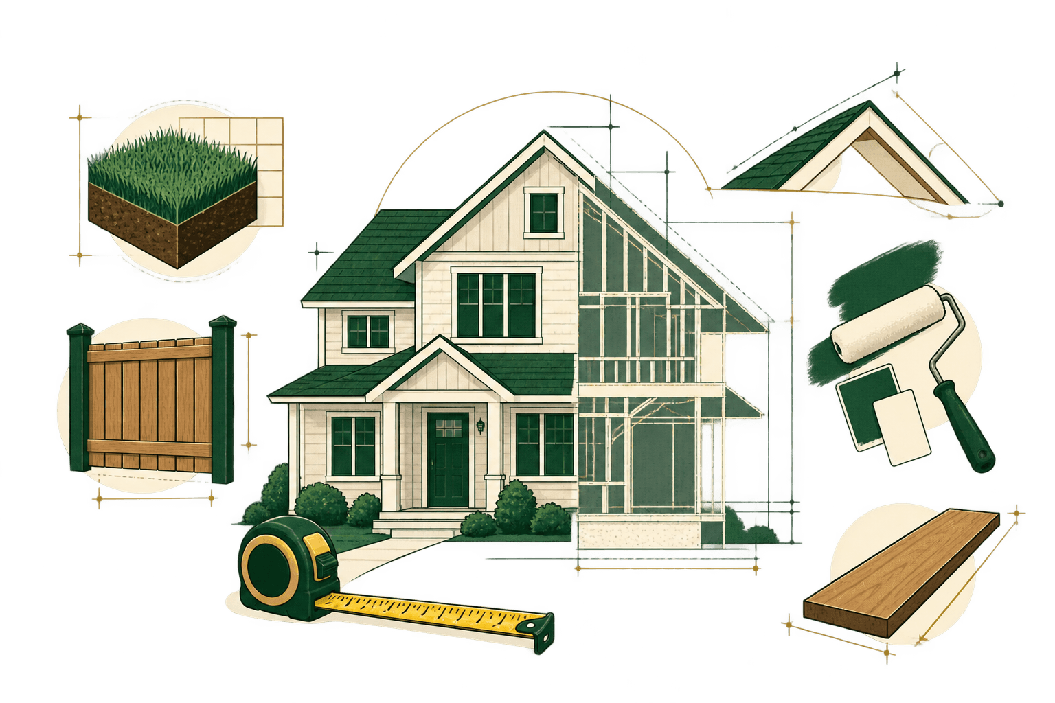 Blueprint-style house illustration with measuring lines and home-project materials.